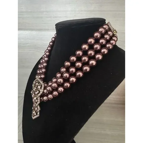Heidi Daus Aubergine Art Deco Triple Strand Vintage Necklace AB Crystal Pendant - Picture 4 of 16